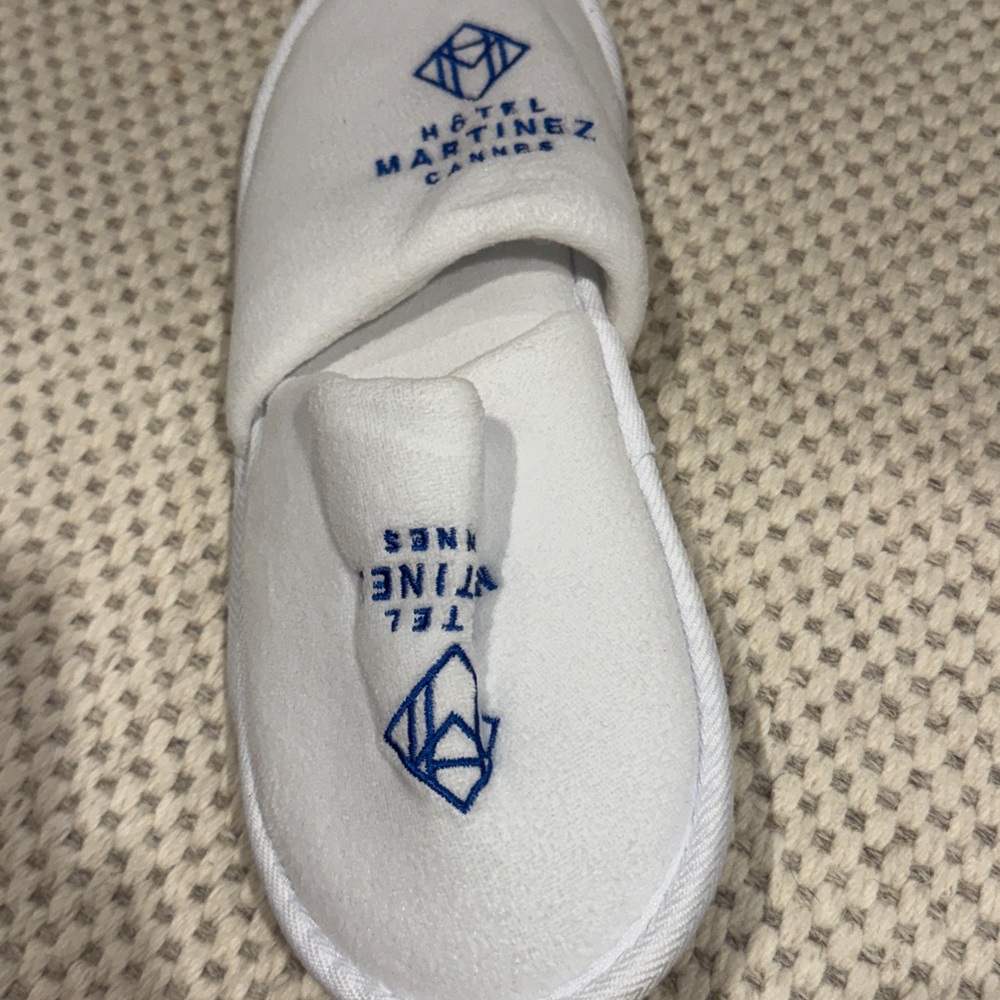 White Hotel Martinez Slippers with Blue Logo